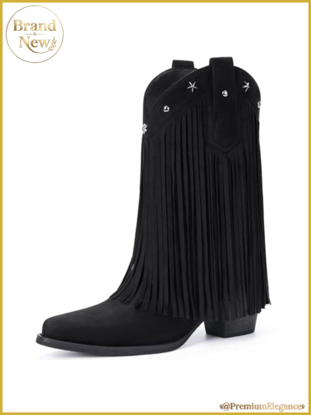 Fringe Cowboy Boots for Women Mid Calf Pointed Toe Chunky Heel Western